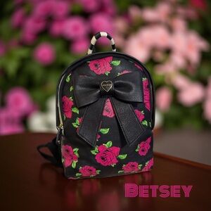 BETSEY JOHNSON  Iconic hot pink & black moody dark rose FLORAL MINI BACKPACK